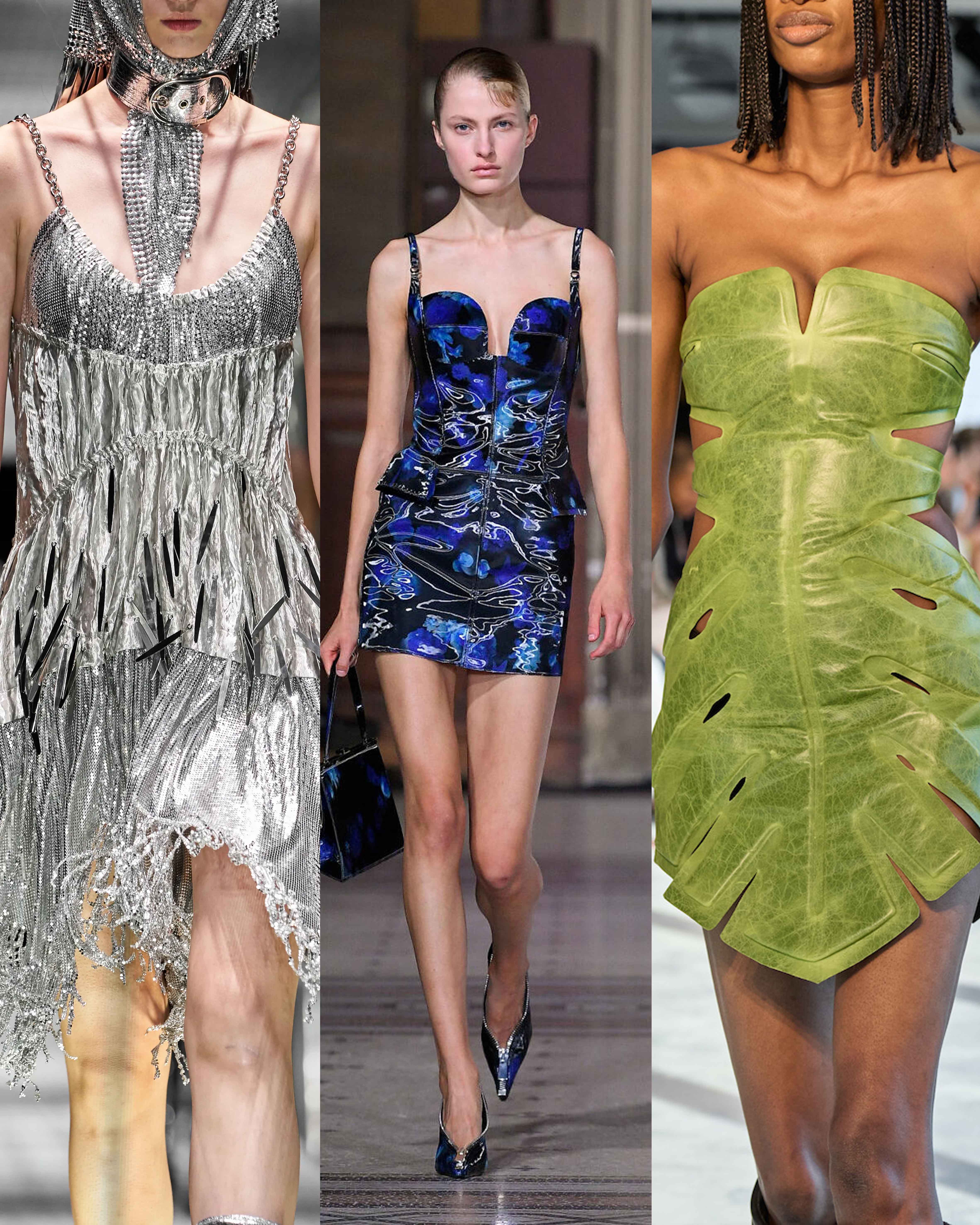 model wearing spring fashion trends from left to right: paco rabanne SS23, coperni ss23, dion lee ss23